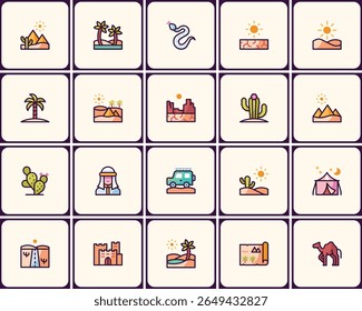 Diverse desert landscape and cultural elements icon set for digital platforms