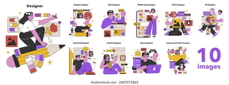 Diverse Design Professions set. Creatives in action, from graphic to augmented reality, showcasing the spectrum of modern design vocations. Flat vector illustration