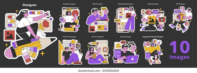 Diverse Design Professions set. Creatives in action, from graphic to augmented reality, showcasing the spectrum of modern design vocations. Flat vector illustration