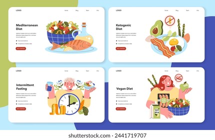 Diverse Diet Concepts Set. Illustrations of Mediterranean, Ketogenic, Intermittent Fasting, and Vegan diets. Nutritional lifestyles and food choices. Vector graphic for healthy eating.