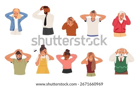 Diverse different age people cartoon characters and occupation touching head suffering from physical pain, stress tension, pressure of thoughts and problems. Person panic and fears vector illustration