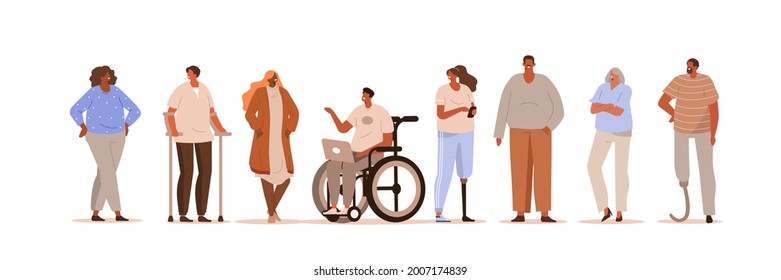 Diverse Different Ages People Standing And Talking Together. Characters Wearing Prosthesis, Crutches And Sitting In Wheelchair. People With Disability Lifestyle. Flat Cartoon Vector Illustration.