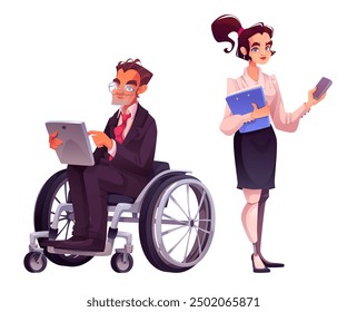 Persona discapacitada diversa en el trabajo de oficina. Conjunto de Ilustración vectorial de dibujos animados de personas empleado de negocios con discapacidad física: hombre con tableta en silla de ruedas y mujer con prótesis de pierna y teléfono.