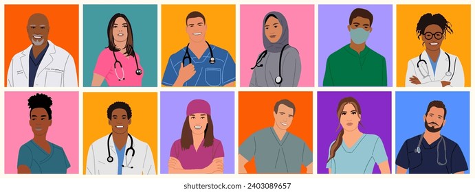 Diverse doctor, nurses avatars colorful vector art