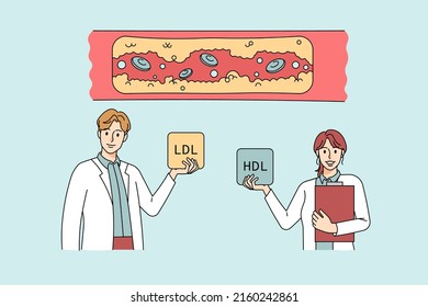 Diverse doctors demonstrate cholesterol in human body vessels. Therapists show high ldl and hdl levels in blocked vascular. Plaque disease and fat cells concept. Flat vector illustration. 