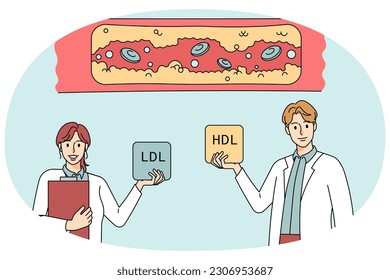 Diverse doctors demonstrate cholesterol in human body vessels. Therapists show high ldl and hdl levels in blocked vascular. Plaque disease and fat cells concept. Flat vector illustration.