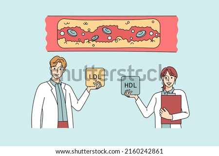 Diverse doctors demonstrate cholesterol in human body vessels. Therapists show high ldl and hdl levels in blocked vascular. Plaque disease and fat cells concept. Flat vector illustration. 