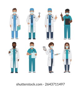Personagens da equipe médica de diversos médicos usando máscaras