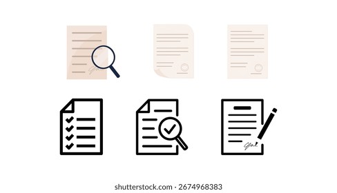 Diversos iconos de estilo de documento con lista de verificación, firma y lupa