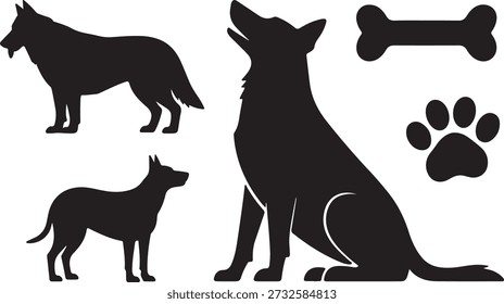 Silhuetas de cães diversificadas em diferentes poses com uma impressão de osso e pata, ideal para clínicas veterinárias, lojas de animais de estimação, ou temas de bem-estar animal.