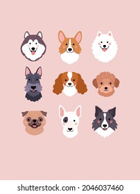 Colección Diverse Dogs Faces. Ilustración vectorial de divertidas caricaturas de diferentes razas perros de estilo moderno y plano. Aislado sobre fondo rosa claro.