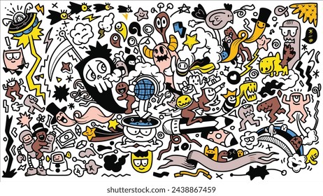 Diverse Doodle Characters in Joyful Interaction
