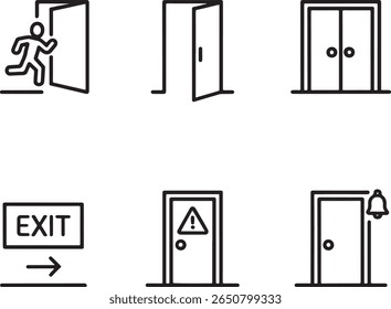 Diverse Door Icon Set Depicting Emergency Exit, Open Doors, Double Doors, and Warning Sign Doors with Ringing Bell