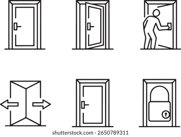Diverse Doorway Illustrations Showcase Access, Security, and Entry Points Representing Various Types and Usage Scenarios in Black and White