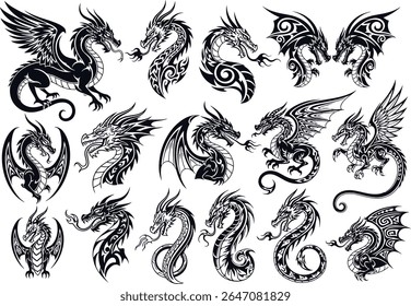 The diverse dragon tattoo designs are a collection of mythical creatures presented in striking black and white graphics with intricate tribal patterns.