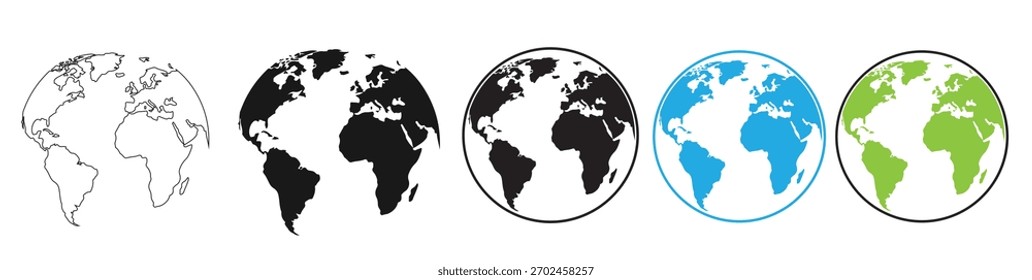 Diversas ilustraciones de globos terráqueos, que muestran varios estilos y colores, perfectos para representar temas globales y conceptos ambientales