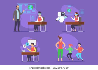 Diverse educational activities in vibrant classroom. Teacher discussing global topics, while students engaged with technology and physical activities, enhancing their learning experience