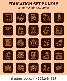 Conjunto de iconografia educacional diversificada exibindo design de interface de usuário flexível para conceitos acadêmicos e recursos abrangentes com