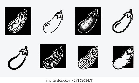 Diverse eggplant design representations showcasing varied artistic styles in monochrome