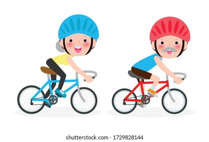 Diverse Elderly Couple Riding Bikes, Happy Old Man And Woman Riding Bikes, Sports Family Concept Vector Illustration Isolated On White Background