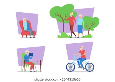 Diverse elderly individuals engaged in joyful activities. Dancing, enjoying tablet, fishing, and traveling. Vibrant moments of live concept