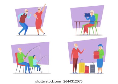 Diverse elderly individuals engaged in joyful activities. Dancing, enjoying tablet, fishing, and traveling highlighting vibrant moments of their lives, showcasing happiness in various settings
