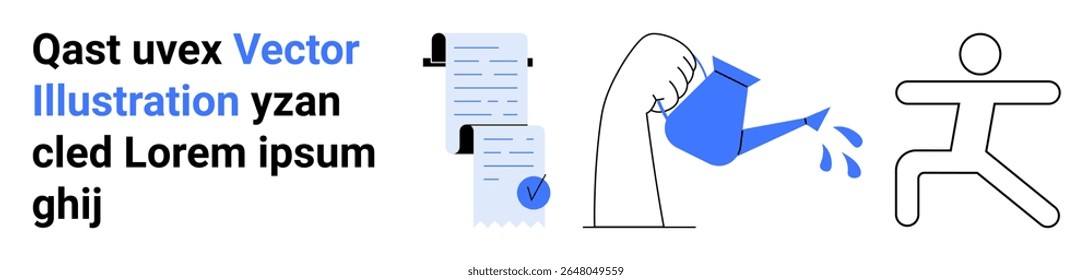 Diverse elements include documents with checkmarks, hand with watering can nurturing growth, and a running figure. Ideal for business strategies, project management, digital marketing, workflow