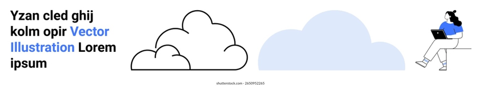 Diversos elementos incluem texto suportando nuvens minimalistas, mulher no laptop. Ideal para blogs, tecnologia, web design, educação on-line, computação em nuvem, trabalho remoto, design moderno. Página inicial
