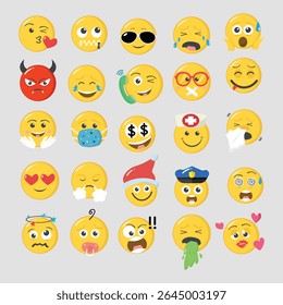 Diverse Emoji Expressions Vector Set. A playful collection of yellow emoticons displaying a wide range of emotions, professions, and humorous situations