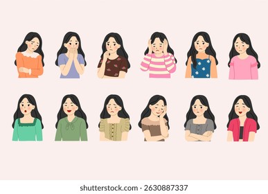 Diverse Emotional Expressions of a Woman in Various Outfits