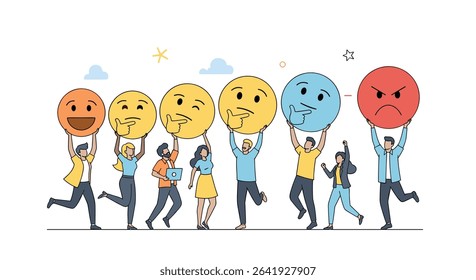 Diverse Emotions Expressed by a Group of People Holding Emoji Balls