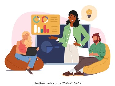 Diverse employee people characters enjoy watching online business training course. Man woman freelancers participating in internet conference for professional skills development vector illustration