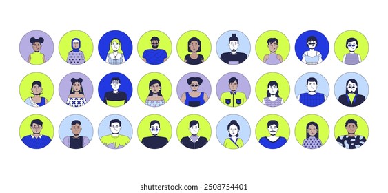 Diversos funcionários 2D linear vetor avatares ilustração conjunto. Trabalhadores multiculturais personagem de desenho animado enfrenta coleção de retratos. Headshots estudantes mulheres, homens cor plana perfis de usuário imagens isoladas