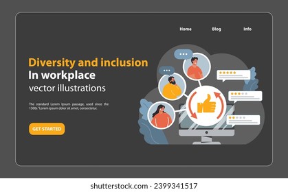 Diverse employees around a computer screen showcasing positive feedback and ratings. Embracing diversity in digital workplace feedback systems. Flat vector illustration