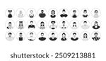 Diverse employees black and white 2D vector avatars illustration set. Headshots students outline cartoon character faces isolated. Multicultural workers flat user profile images collection portraits