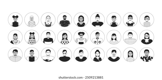 Diversos funcionários preto e branco vetor avatares 2D conjunto de ilustração. Headshots estudantes delineiam rostos de personagens de desenhos animados isolados. Trabalhadores multiculturais perfil de usuário plano imagens coleção retratos