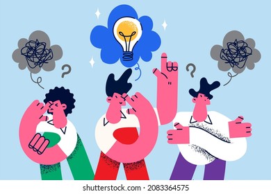 Diverse employees involved in creative thinking brainstorm develop business strategy together. Businesspeople think generate new idea in group. Teamwork, cooperation. Vector illustration. 