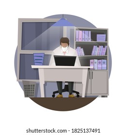 Diverse Employees in Medical Face Mask Work on Computers in Safe Office, Protect from Covid-19 Virus. Stock Flat Vector Illustration