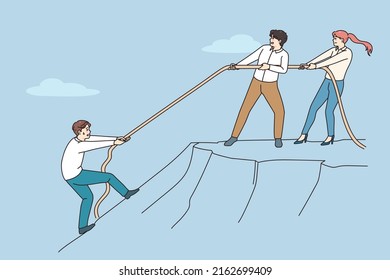 Diverse employees throw rope help colleague climb up hill. Coworkers help person showing support and unity. Concept of teamwork and collaboration at workplace. Vector illustration. 