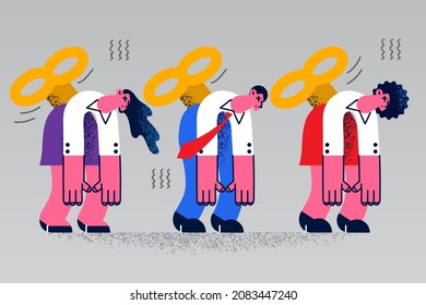 Diverse employees with wind-up key in back overwhelmed with office work feel fatigue at workplace. Tired businesspeople exhausted with company schedule. Burnout, overwork. Vector illustration. 