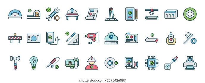 Diverse Engineering Icons Representing Design, Construction, Innovation, and Technology in a Digital Format
