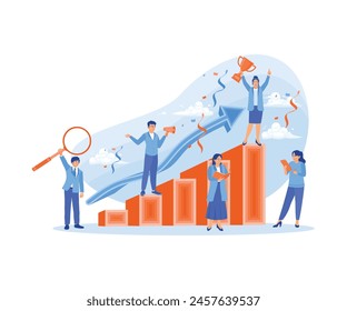 Diverse entrepreneurs work together to achieve business targets. Celebrating business success. Business Growth concept. Flat vector illustration.