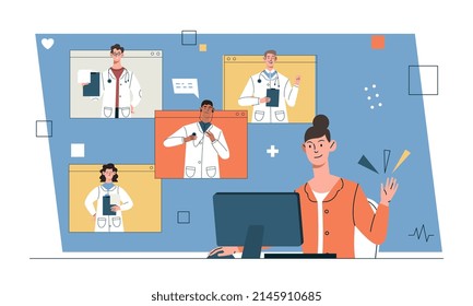 Diverse expert team of doctors concept. Online conference or remote meeting by medic to discuss healthcare topics and treatment of diseases. Therapists communicate. Cartoon flat vector illustration