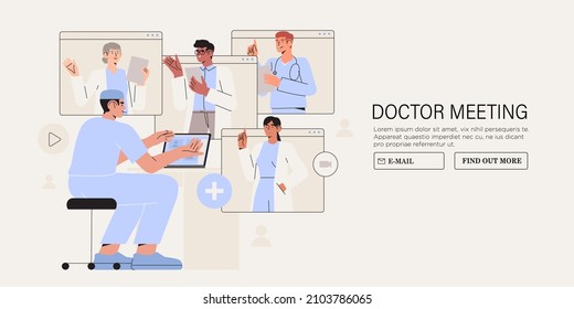 	
Diverse expert team of doctors in web browser windows discuss medicine healthcare issues concept. Online medical consensus. Global doctors web conference, emergency medical crisis video.