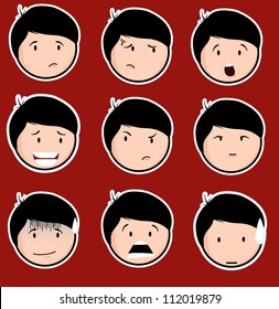 diverse expressions of the boys in the background are a red background