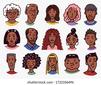 Diverse faces of african and latin american people set. Human Avatars Collection. Old and young age. Multi-ethnic Happy emotions. Men and women, grandparents and girls. Hand drawn sketch for app icons