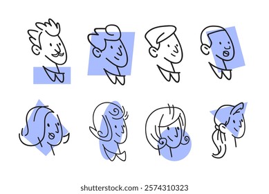 Diverse faces hand drawn style portraits eight characters with varied hairstyles blue geometric shapes minimalist design