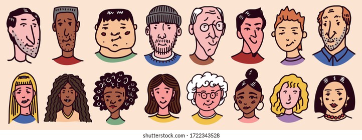Diversos rostros de la gente. Juego de caracteres. Colección de avatares humanos. Felices emociones. Retrato con una expresión facial positiva. Hombres y mujeres, abuelos y niñas. Dibujo de doodle dibujado a mano.