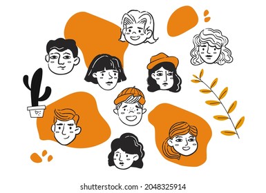 Verschiedene Gesichter von Menschen setzen sich. Sammlung von einfachen Symbolen für soziale Netzwerke. Avatare von Menschen unterschiedlichen Alters. Emotionale Porträts. Cartoon-FlachVektorgrafiken einzeln auf weißem Hintergrund