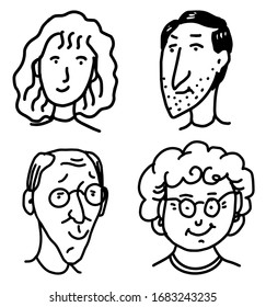 Diverse faces of people set. Human Avatars Collection. Old and young age. Happy emotions. Portrait with a positive facial expression. Men and women, grandparents and girls. Hand drawn doodle sketch.